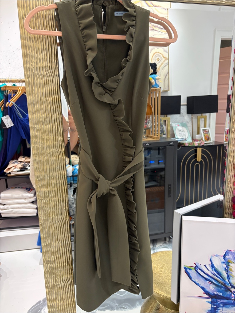ANTONIO MELANI Olive Green Ruffle Wrap Dress